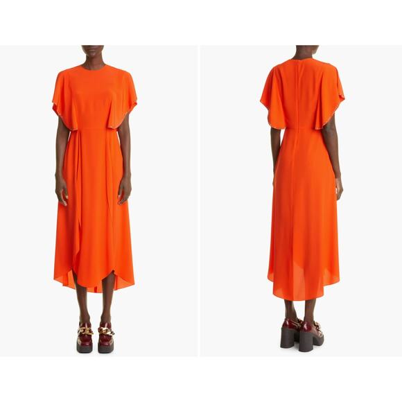 Stella McCartney Embellished Flutter Sleeve Silk Crêpe de Chine Midi Dress 42 - Picture 1 of 11